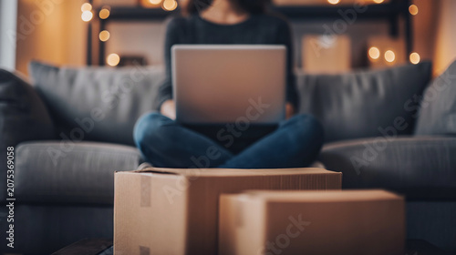 Woman working on laptop managing orders at home sitting on boxes  