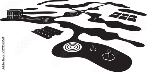 Perspective site plan showing underground utility pipes and structures.