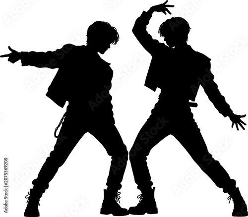 Two silhouettes of people dancing in a lively performance with energetic movements