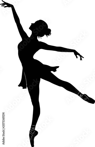 A dancer performs a graceful leap in an elegant pose, showcasing her dress and shoes.