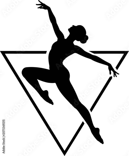 A dancer performs a dynamic leap in front of a large triangle.