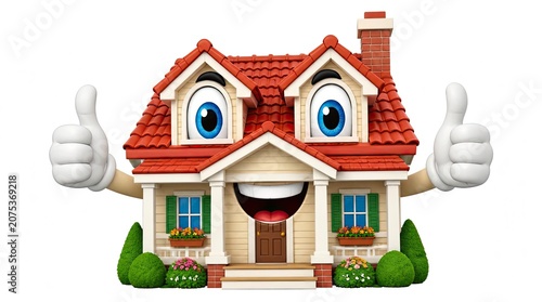 Happy suburban house mascot giving double thumbs up