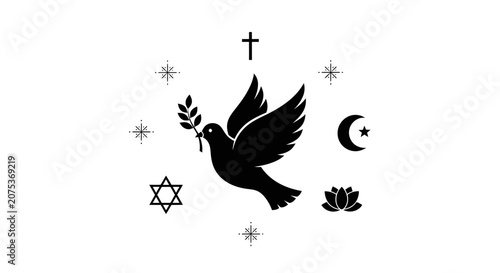 A symbolic dove of peace surrounded by various religious icons and stars.