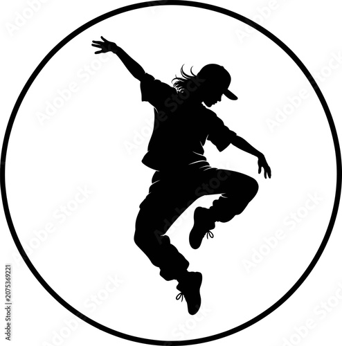 Person dancing energetically in a circle with cap and shoes on