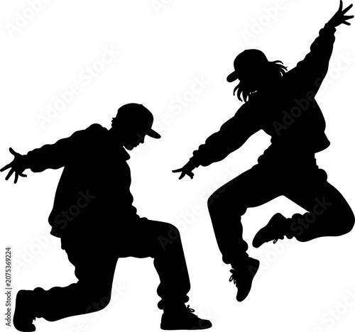 Two people are dancing energetically in a lively performance with dynamic movements.