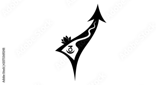 Stylized upward pointing arrow icon with lotus and symbolic element.