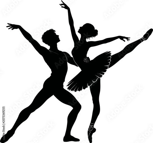 Ballet dancers perform a dynamic pose with elegant movements in a studio