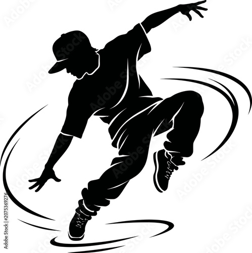 A dynamic dancer performs a move in a studio with energetic motion lines around him.