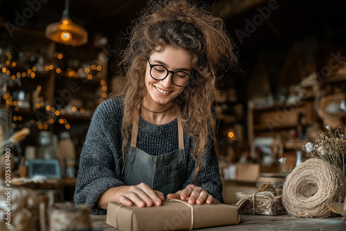 Small business owner packing orders at home workspace with natural light  