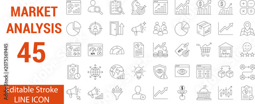 Market Analysis & Business Strategy Outline Icons Set – Editable Stroke Vector Line Icons for Analytics, Finance, Marketing, Growth & Dashboard