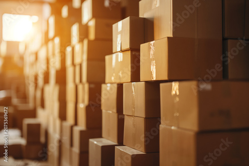 Stack of shipping boxes ready for delivery in warehouse at sunset  