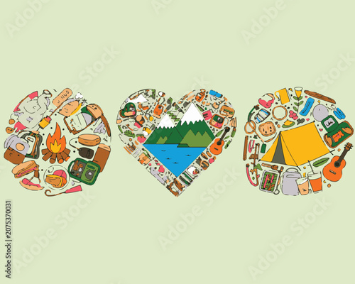 Camping and outdoor recreation equipment heart and circles collection.