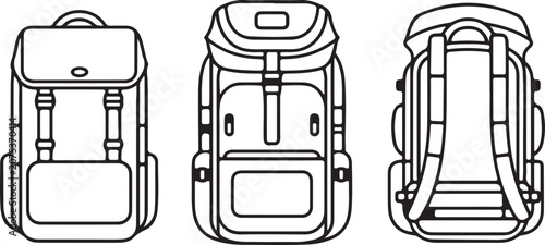 Technical drawing of hiking backpacks showing front and back view set.