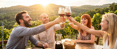 Happy friends toasting with wine glasses at a vineyard during fall sunset for friendship concept