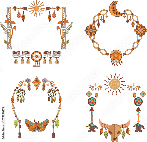 Bohemian style decorative frames with sun moon dreamcatcher and animal skull dreamcatcher decorative ornament esoteric illustration collection artistic invitation template spirituality