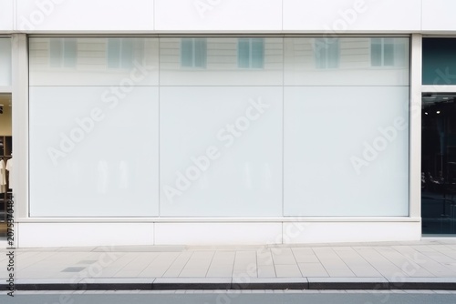 Blank storefront facade with large frosted glass panels and sidewalk in front