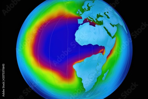 Colorful scientific globe showing atmospheric data bands over ocean and continents on dark background