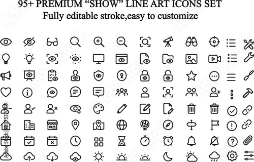 95+ Show Icons Set  Professional Presentation, Exhibition & Display Line Icons Set.Perfect for presentations, exhibitions, live events, showcases, performances, broadcasting, displays, entertainment, 