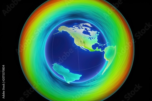 Colorful circular map showing Earth with the western hemisphere in the center, surrounded by rainbow-like atmospheric bands on a dark background