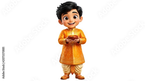 Little boy wearing ethnic yellow outfit holding oil lamp.
