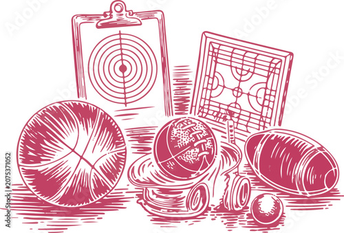 Hand drawn sports equipment sketches including basketball and football.
