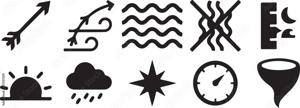 Fototapeta premium Comprehensive weather and navigation symbol set for monitoring conditions.