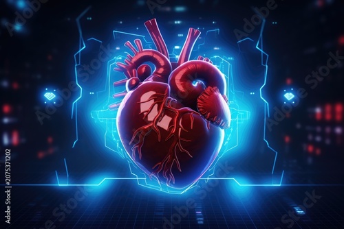 Glowing anatomical heart with blood vessels inside a futuristic blue holographic interface, digital background with neon light and data elements