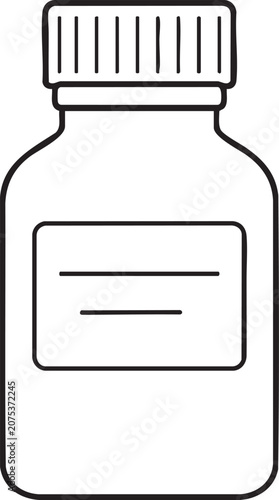 Simple line art vector icon of a medicine bottle with a label medicine pharmacy container pharmaceutical supplement treatment healthcare equipment