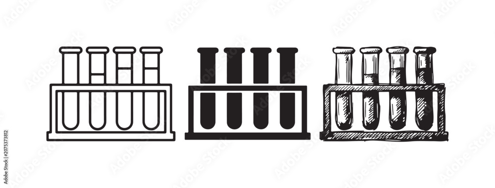 Fototapeta premium Three styles of a test tube rack icon set: outline, solid fill, and hand-drawn sketch, representing chemistry, laboratory, and scientific experiments.