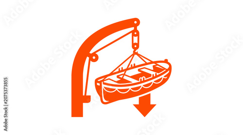 Tableau sur toile Orange lifeboat suspended by crane arm, descending with arrow icon, safety equip