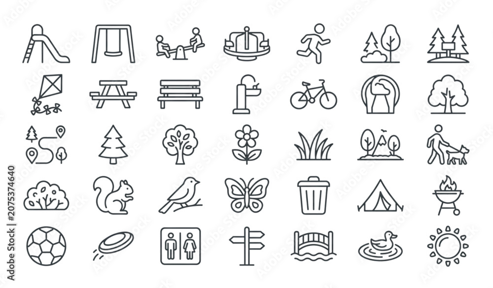 Fototapeta premium Park Editable Stroke Icon Set with Playground Children Nature Recreation and Outdoor Symbols