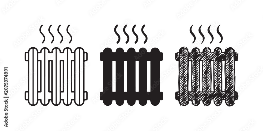 Obraz premium Radiator heating icon set showing outlines, solid fill, and hand-drawn sketch styles with wavy lines for warmth