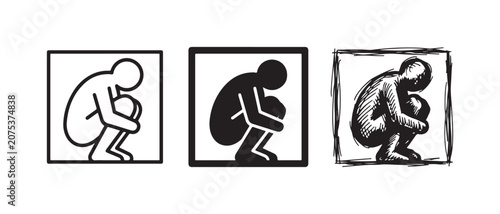 Cuadro en lienzo Depression and isolation icon set featuring a curled-up person in a box, presented in line art, silhouette, and sketch doodle styles