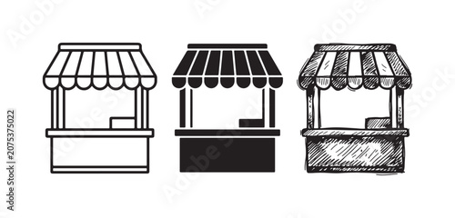 Fotografi Market stall with counter icons set in three styles: outline, solid black, and hand-drawn sketchy, representing a retail kiosk or concession stand