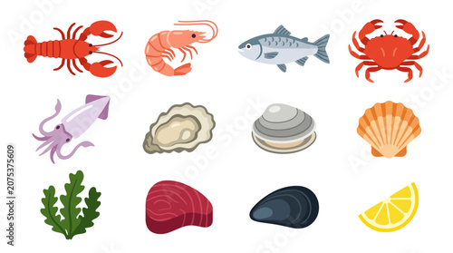 Collection of fresh seafood and marine life icons illustration.