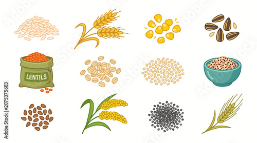Collection of various agricultural grains and cereals icons.