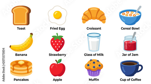 Set of colorful cartoon breakfast food items and drinks icons with labels.