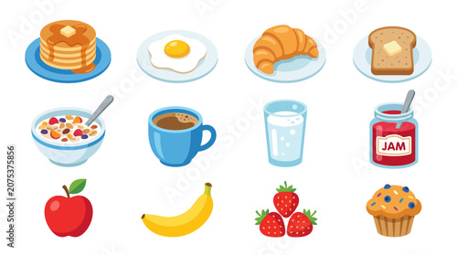 Set of colorful cartoon breakfast icons with food and drinks.