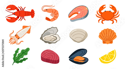 Set of colorful cartoon seafood and fish icons.