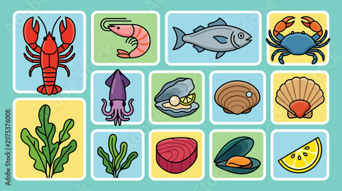Set of colorful seafood and marine life icons illustration.