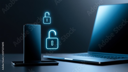 Mobile phone and laptop showing glowing unlocking padlocks, symbolizing cybersecurity, data protection, privacy, and digital vulnerability or password breach