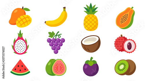 Set of colorful tropical and exotic fruits icons.