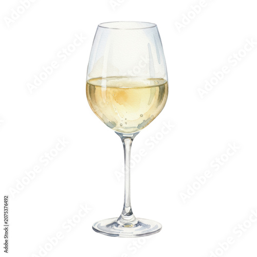 Elegant stemmed wine glass filled with crisp white wine, delicate watercolor brushstrokes, translucent gold liquid, minimalist composition, refined stillness atmosphere