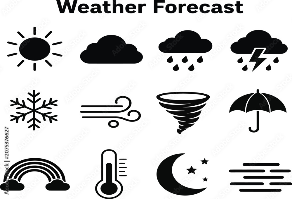 Naklejka premium Weather forecast symbols and meteorological icons set with forecast meteorology lightning umbrella thermometer