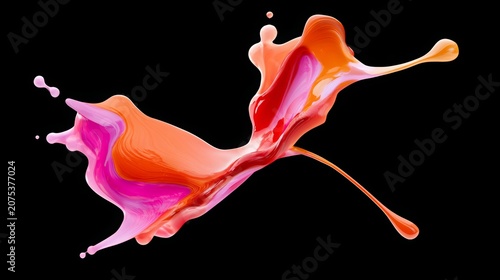 Vibrant liquid paint splash creating a flowing abstract art motion. Combining shades of pink. Orange. And red with a smooth. Glossy texture on a deep black background