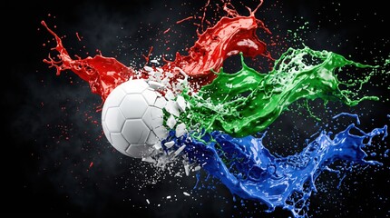 A white soccer ball with red, green, and blue paint splashes on a black background with smoke.