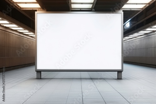 Large blank billboard in an empty underground corridor with tiled floor and ceiling lights