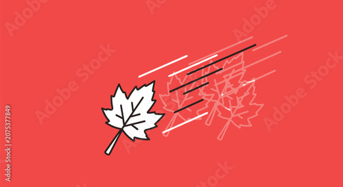 A single white maple leaf flying with motion blur effect.