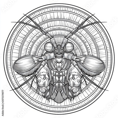 A detailed design shows the face of a peacock mantis shrimp surrounded by concentric ornamental rings, created with fine black lines and no color.