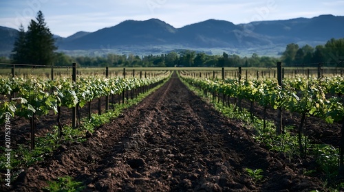 A bountiful vineyard landscape featuring rich dark soil and peaceful natural scenery